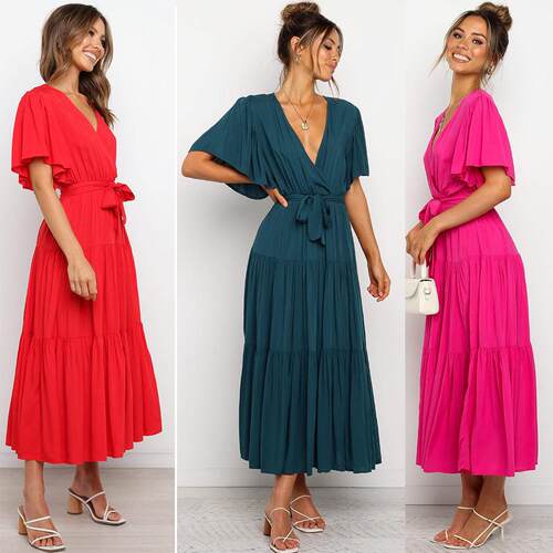 Women's collar ruffled short sleeved dress long