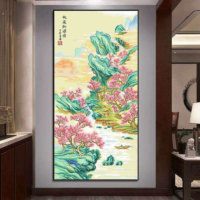 桃花源图十字绣2024新款线绣客厅玄关竖版大气山水风景名画满绣挂