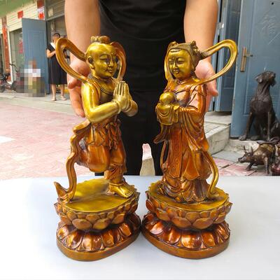 厂家直销纯铜金童玉女摆件站像一套大号铜童男童女家居客厅供奉