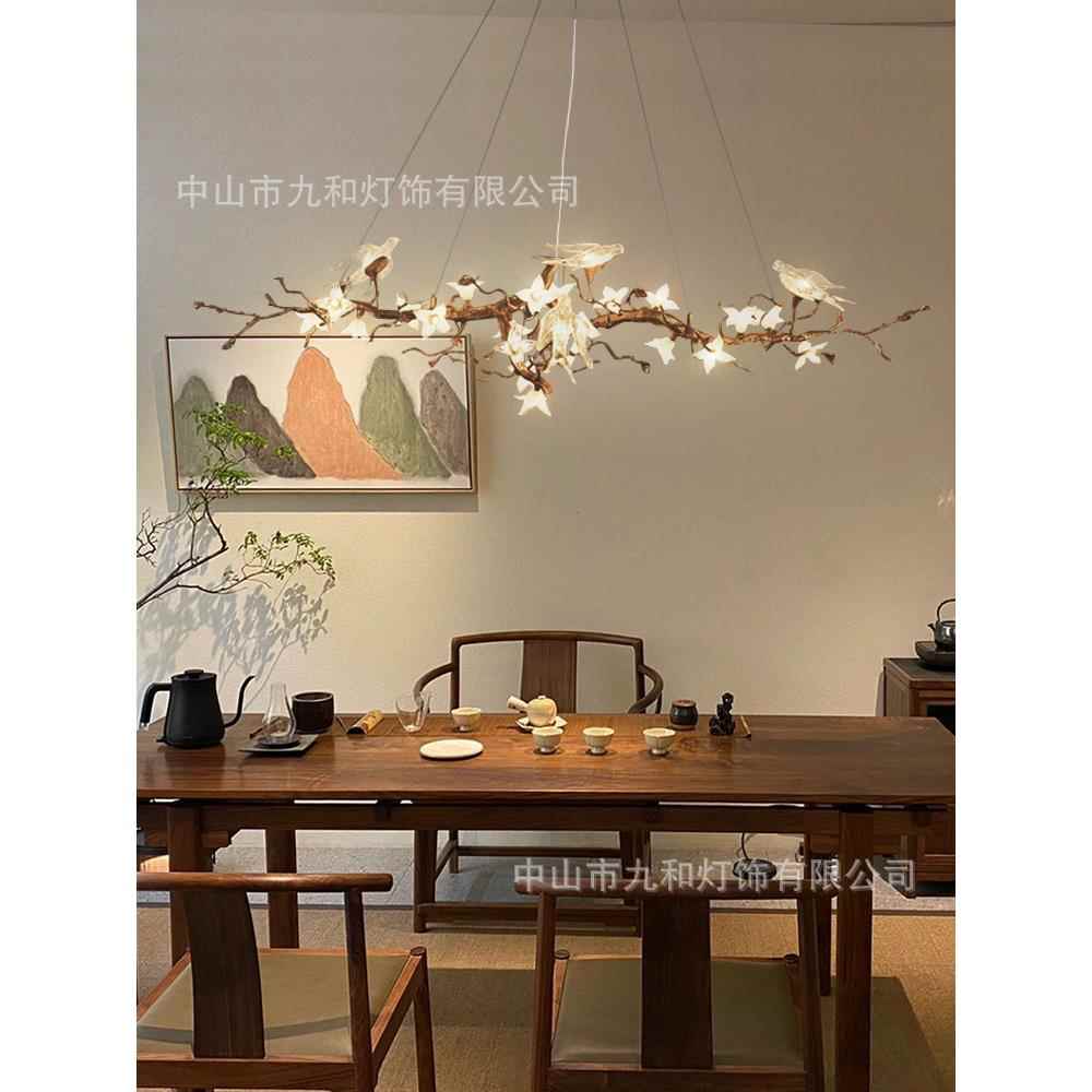 新中式餐厅吊灯禅意茶室灯别墅轻奢全铜水晶小鸟餐桌灯中国风艺术