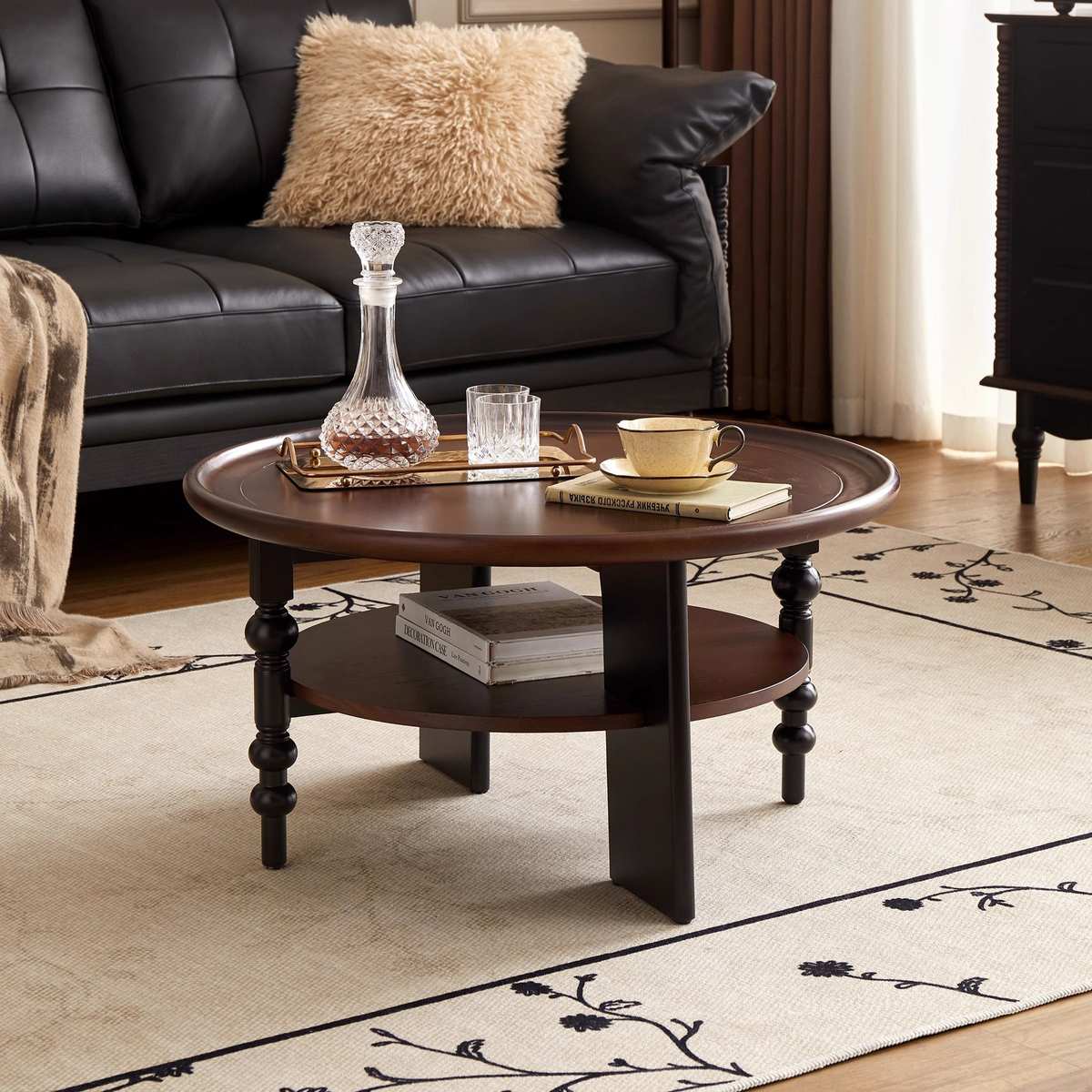 严选法式复古实木茶几圆形客厅双层置物茶桌中古小户型家用小桌子