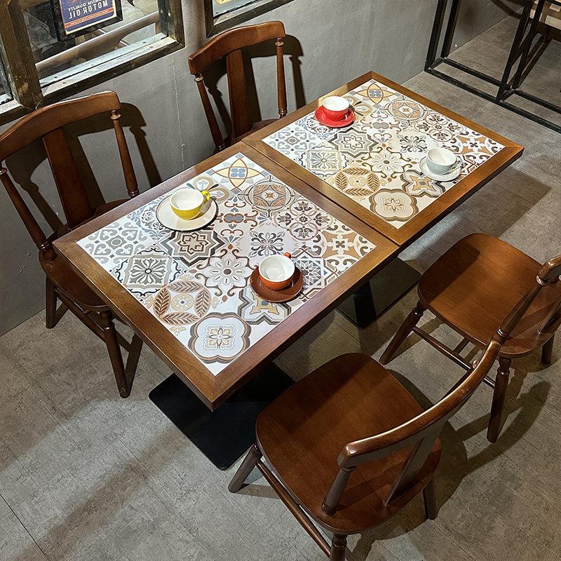 咖啡厅桌椅实木组合美式复古餐饮火锅糖水甜品店西餐厅方形桌商用