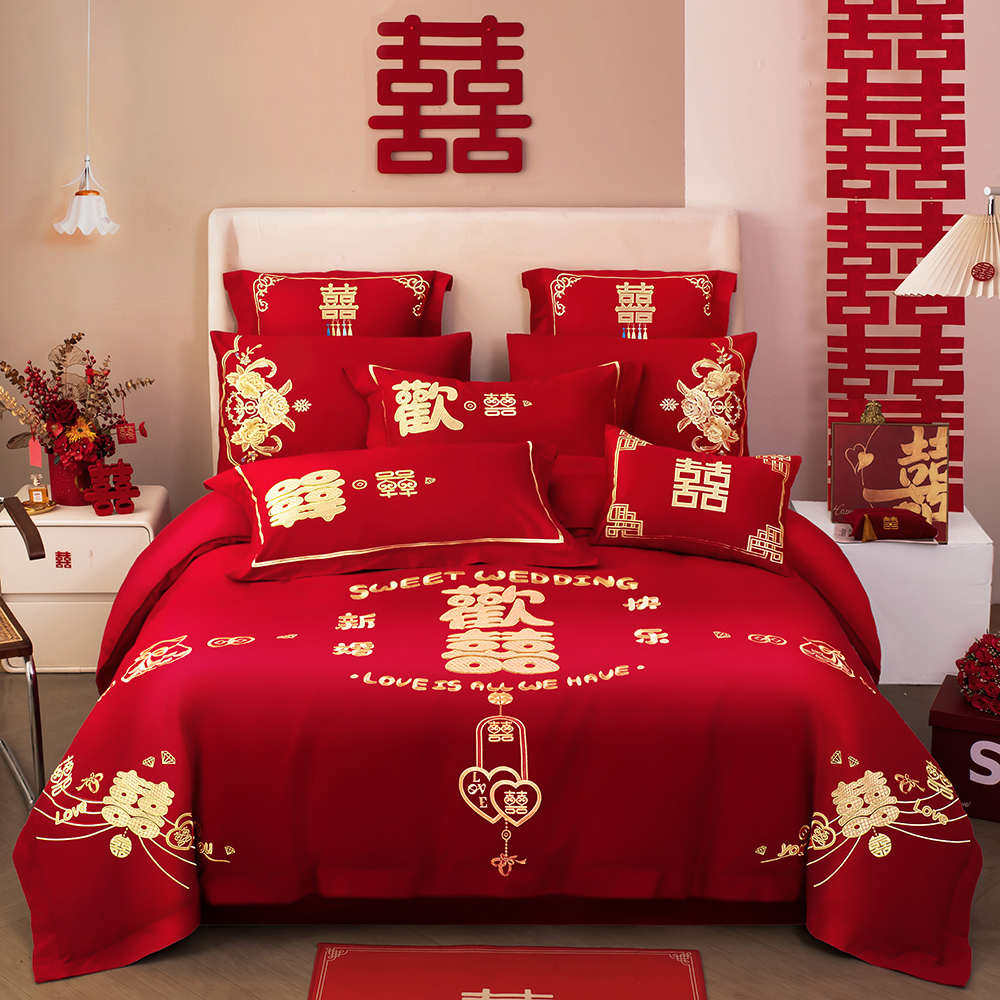 婚庆四件套120S长绒棉大红色纯棉磨毛被套结婚六件套床盖床上用品,床上用品,婚庆床品套件,淘宝优惠券,粉丝福利购,淘宝优惠卷