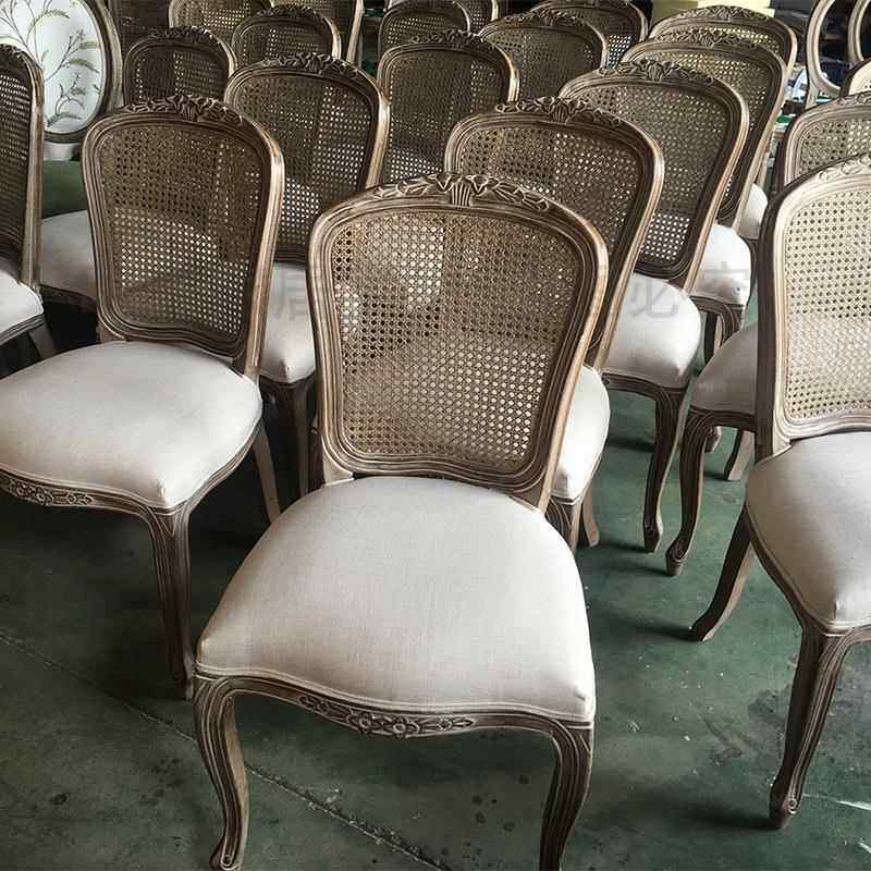新款直销欧式复古实木雕花餐椅中古藤网靠背皮革棉麻软包坐垫设计
