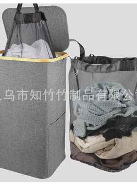 可折叠带洗衣篮手提纳日袋式脏衣篮配内63574网盖脏衣收筐楠竹布