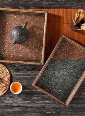 复古海棠花托盘茶盘家用简约长方形盘子木质杯子瓷盘茶台玻璃盘