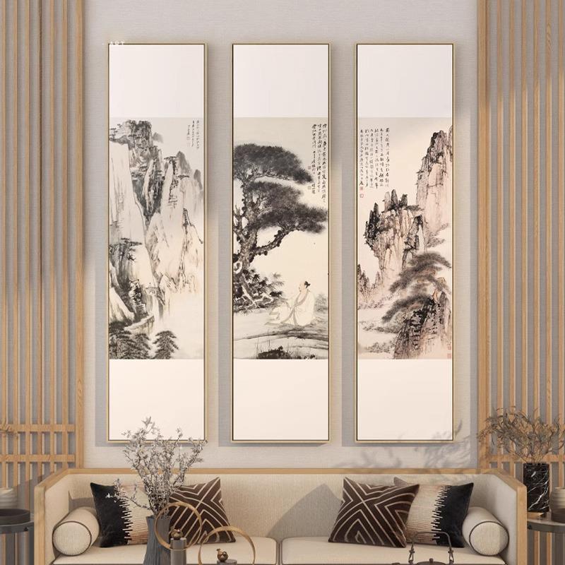 新中式茶室客厅三联装饰画迎客松挂画竖版入户玄关水墨山水墙壁画