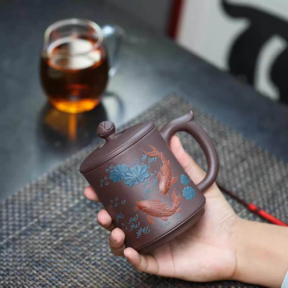 宜兴紫砂茶杯带盖家用单个办公杯主人杯泥绘茶具大容量男女士茶杯