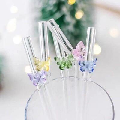 4Pcs Butterfly Glass Straws Set Reusable Clear Straws For