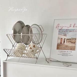 ins风台面沥水碗架双层厨房碗碟沥水架铁艺杯子收纳架折叠置物架