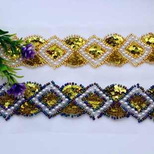 新款机绣亮片辅料花边网底布泡珠钉珠手工DIY腰带头巾婚纱配饰条