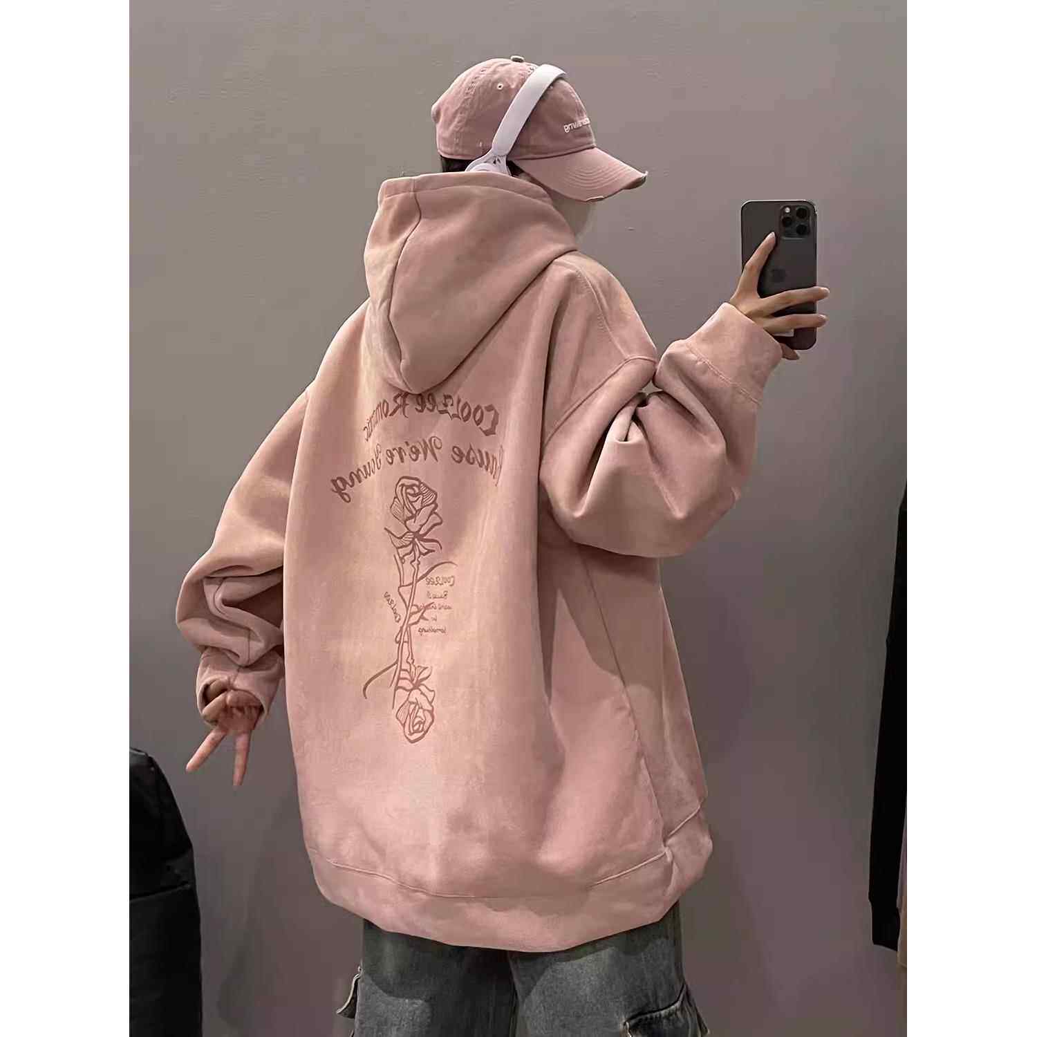 加绒连帽卫衣男款春秋季重磅麂皮绒字母高街舞服宽松帽衫外套粉色
