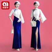 改进接大尺丝寸t台旗袍 高档澳洲绒拼修身 Look舞台优雅性能服装