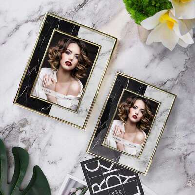 代简黑约大理石纹相框摆台金属框6寸7601现寸酒店高档家白用卧室