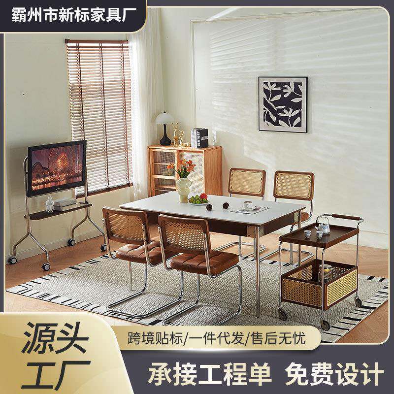 严选餐桌椅子一套轻奢中古风实木岩板餐桌套装餐桌家用高级感