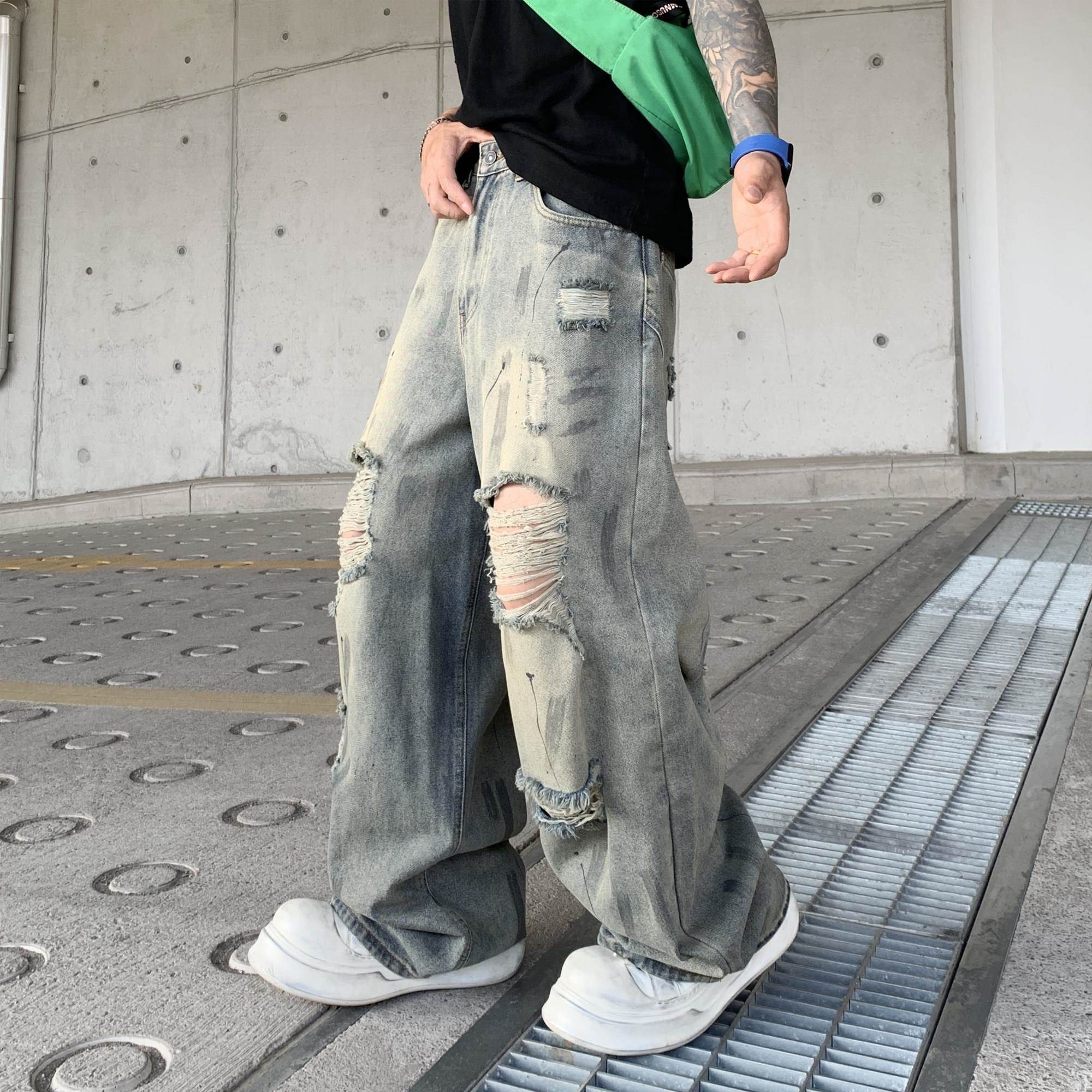 香港潮牌牛仔裤男春夏新款美式高街vibe破洞潮流宽松阔腿直筒裤子