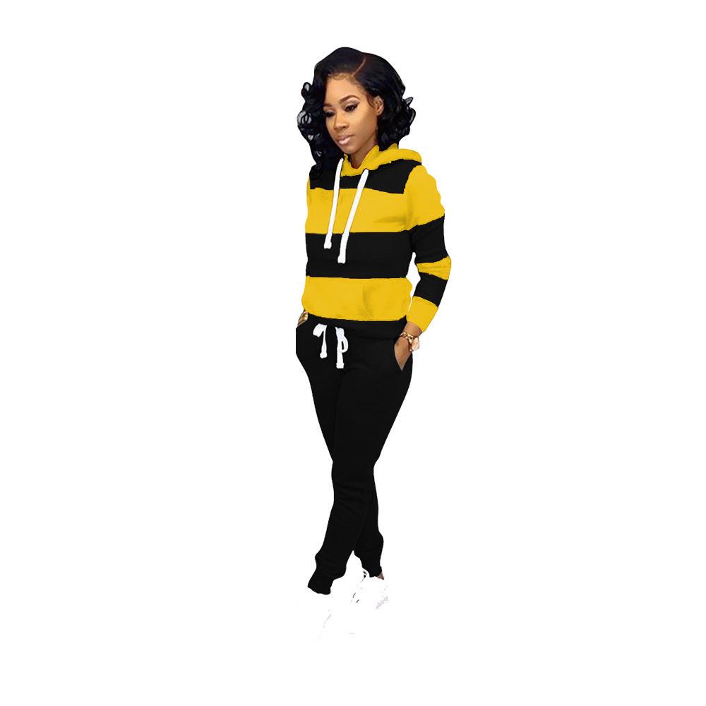 Casual womens striped patchwork hooded sweatshirt trousers