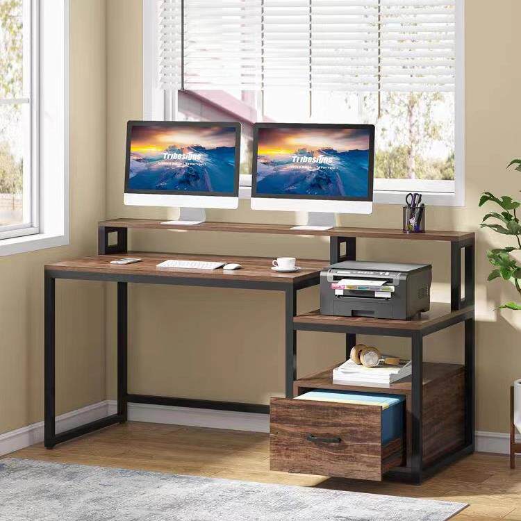 台式双层电脑桌带抽屉一体桌放打印机书房收纳书桌桌子工作台