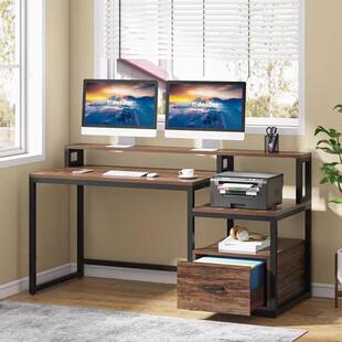 台式双层电脑桌带抽屉一体桌放打印机书房收纳书桌桌子工作台