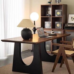 桌实木PNI餐胡桃木色客厅长书工作台大板餐书大桌一体会桌议办公