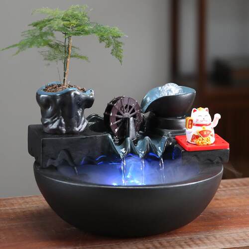 招财猫招手小风车流水摆件循环水入户玄关生财办公室前台客厅开业