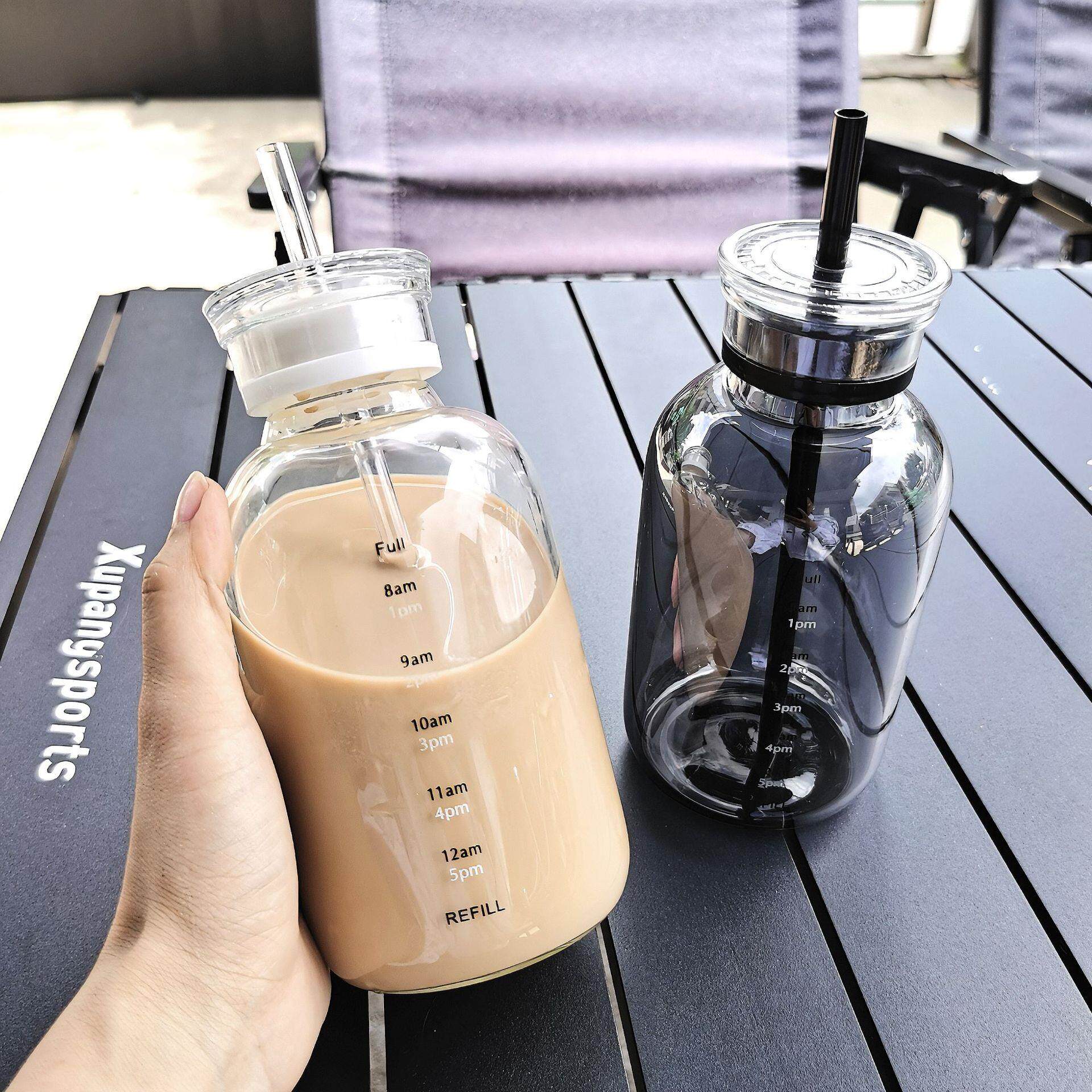 双盖高颜值时间刻度玻璃水杯高硼硅便携吸管杯创意耐热透明喝水杯