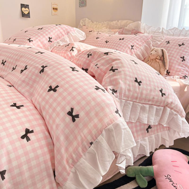 A双类蝴蝶水洗棉全棉三四件978套毛巾学生结宿舍被套床单床笠单绣