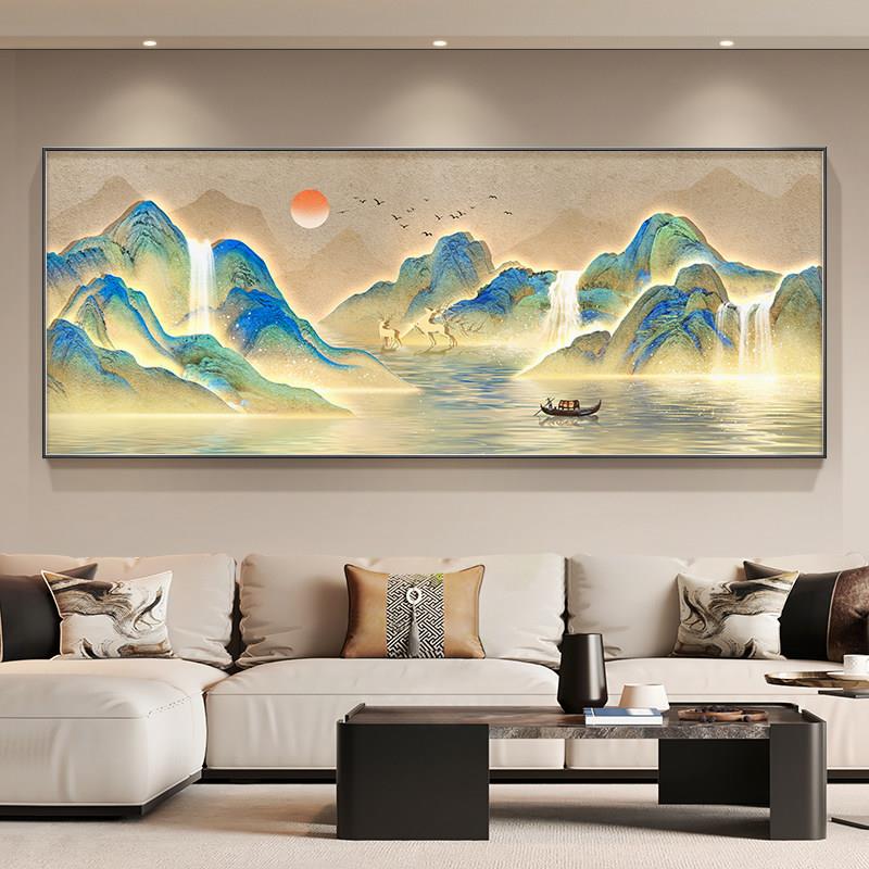 千里江山画客厅装饰画新中国风山水画大气旗帜靠背沙发背景墙挂画