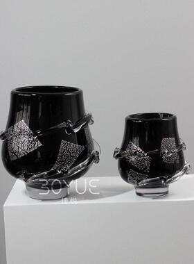 轻奢现极简黑色玻璃花样板间售楼处客厅餐厅黑色缠丝插花器皿