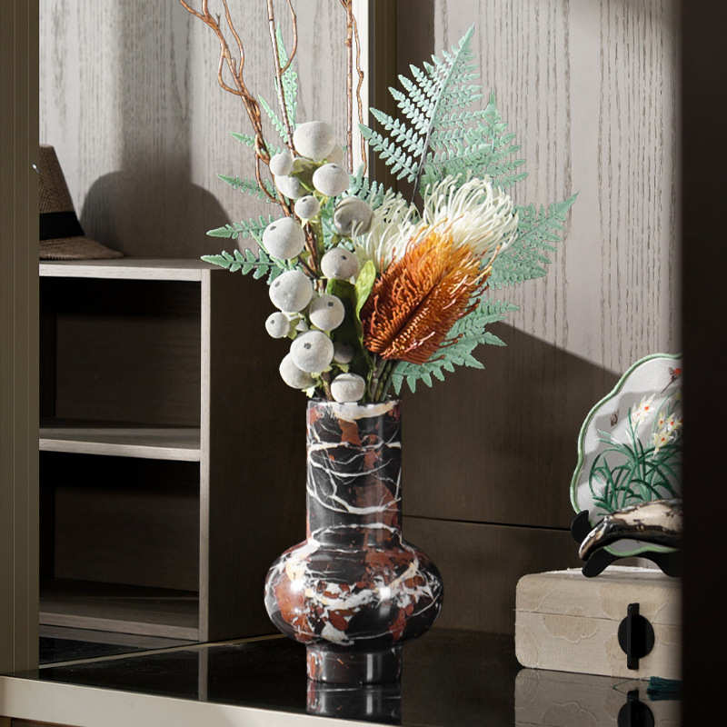 层高高级休息区茶几感端软装大理空间酒店花盆器桌面石花别墅大平