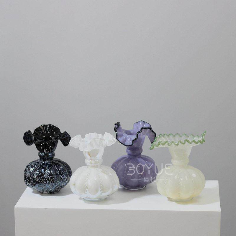 中古奶油风芬顿手工花边琉璃摆件创意客厅餐桌玄关水养鲜花干花
