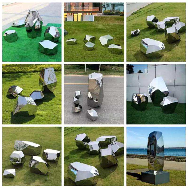 金属镜面574不锈钢水滴景鹅卵石头雕塑圆形坐椅高外水池观户草坪