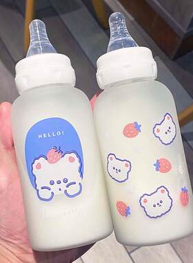 奶瓶1岁以上儿童2一3岁5大宝宝可爱奶嘴杯成年人专用玻璃吸管杯子