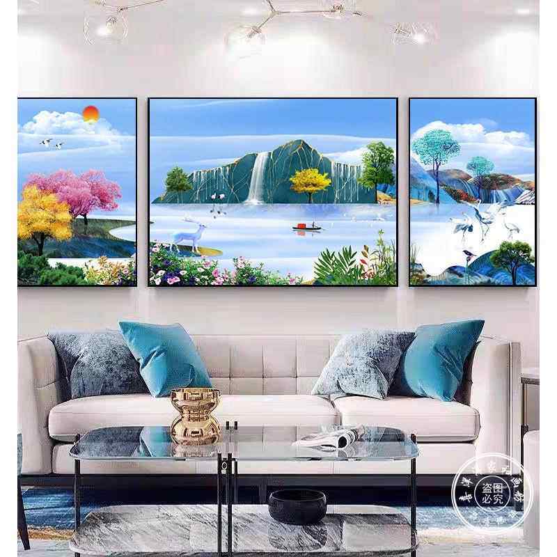 风景画客厅沙发背景墙装饰画三联画组合流水财富壁画迎松挂画