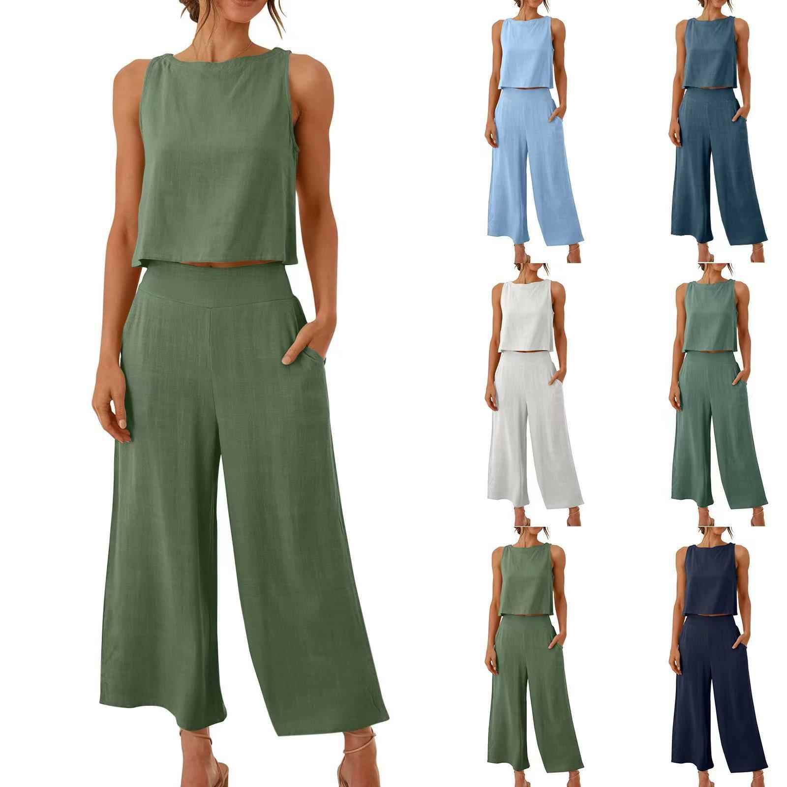 Navel Top Tank One Leg Piece Sleeveless Pocket Button Wide
