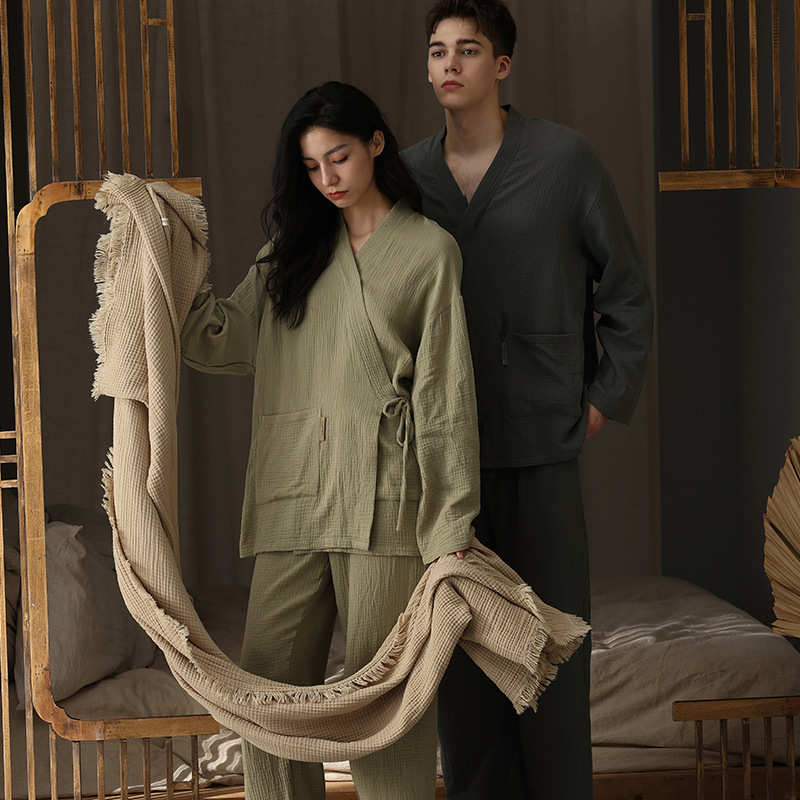 【A类双层纱】男女情侣睡衣中式汉服短袍棉纱大码家居服套装全棉a