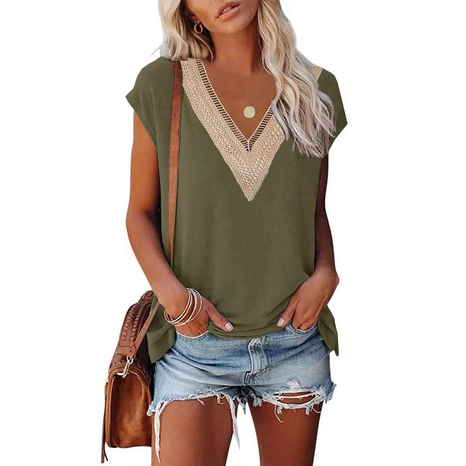 Womens Gold Lace V-Neck Tile Short Sleeve Solid Color
