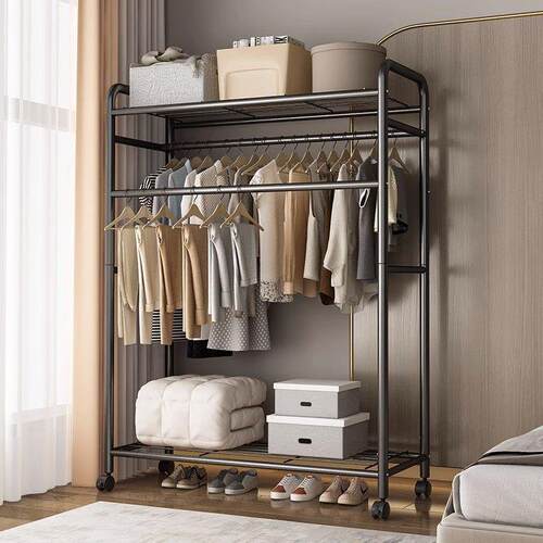 挂衣架落地卧室家用可移动双杆置物衣帽架简易收纳层架立式晾衣架