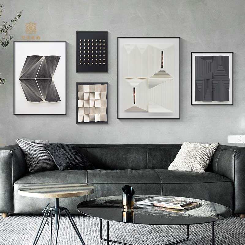 黑白抽象客厅组合挂画现代艺术画立体感背景墙壁画餐厅墙 面装饰