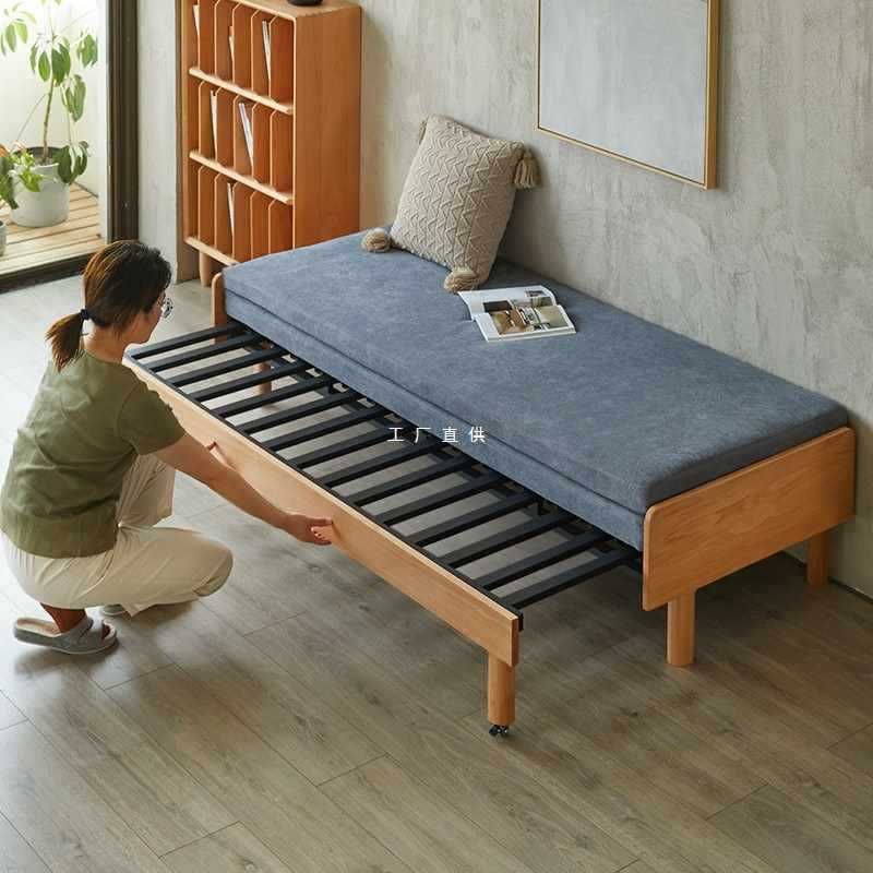 伸缩床小户型客厅实木折叠沙发床两用双人单人坐卧两用床铁推拉床