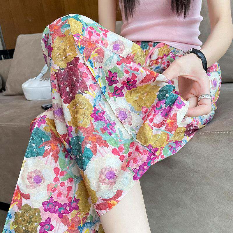 SPYB花裤子女夏季新款宽松九分高腰直筒显瘦休闲潮流沙滩阔腿裤子