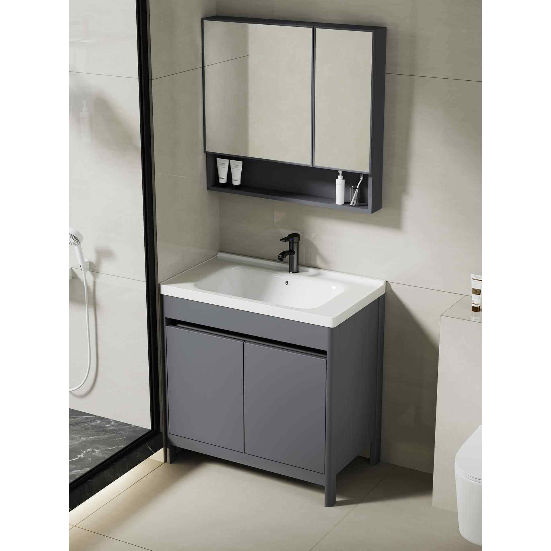 麦比梵落地式洗脸盆柜组合卫生间浴室柜阳台洗手盆太空铝一体陶床笠床