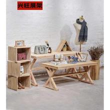 服装店展示架中岛架橱窗实木落地高低流水台展示台复古展示桌地台