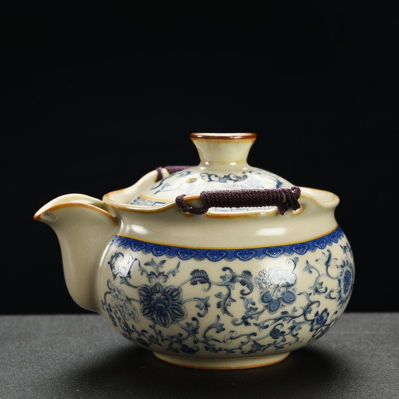 青花米黄汝窑功夫茶具套装家用泡茶壶档茶杯冲茶盖碗陶瓷公道杯