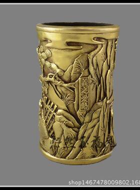 纯铜羲之爱鹅笔筒古玩铜器礼品 黄铜笔筒文房用品工艺品摆件