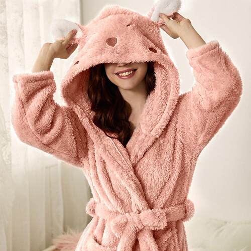 Women's pocket ear hat bathrobe, soft and warm