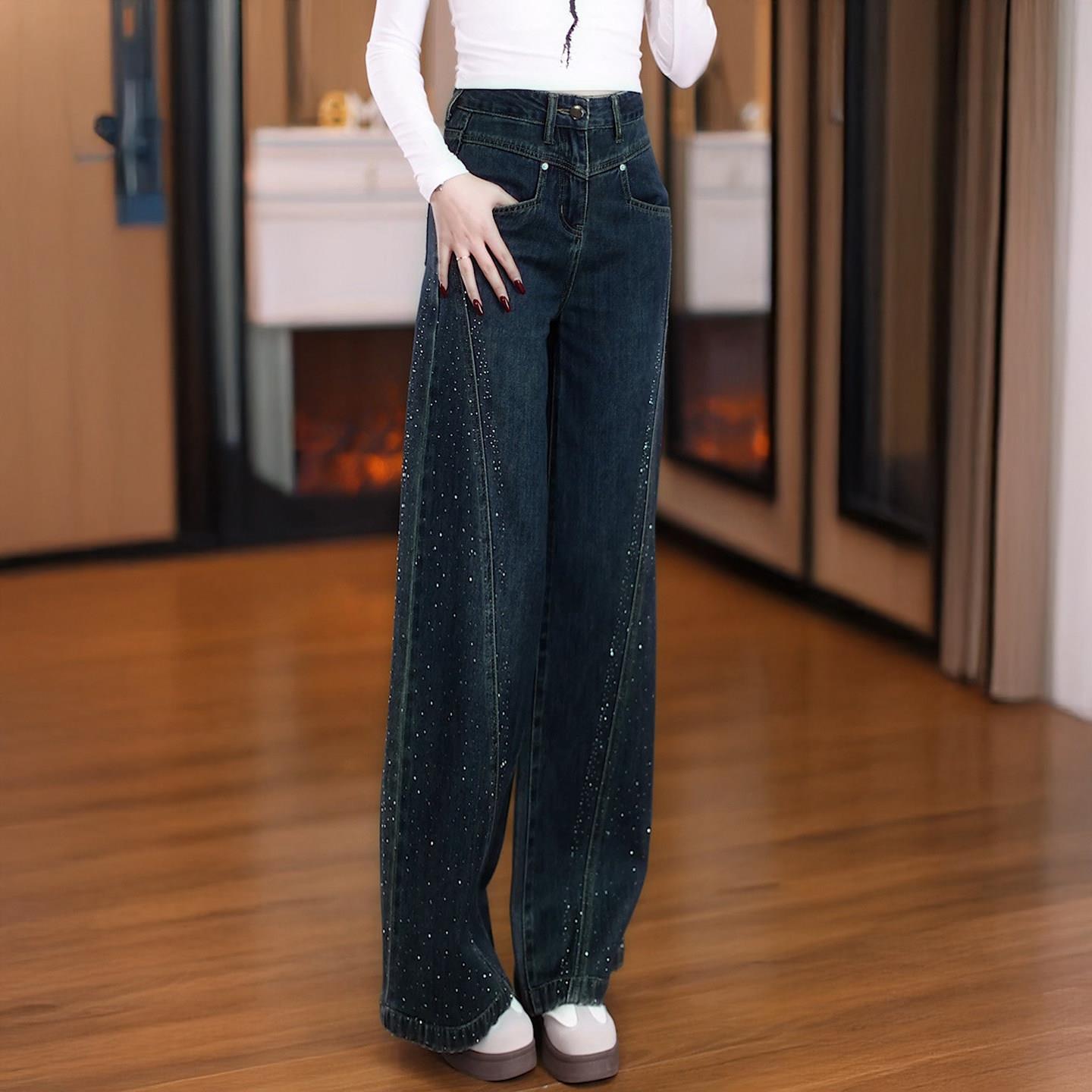 复古蓝阔腿牛仔裤女2026年春秋季新款烫钻高腰大脚裤直筒拖地裤子