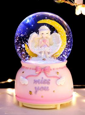 2022年新款月亮天使女孩少女心水晶球飘雪花八音盒儿童卧室摆件