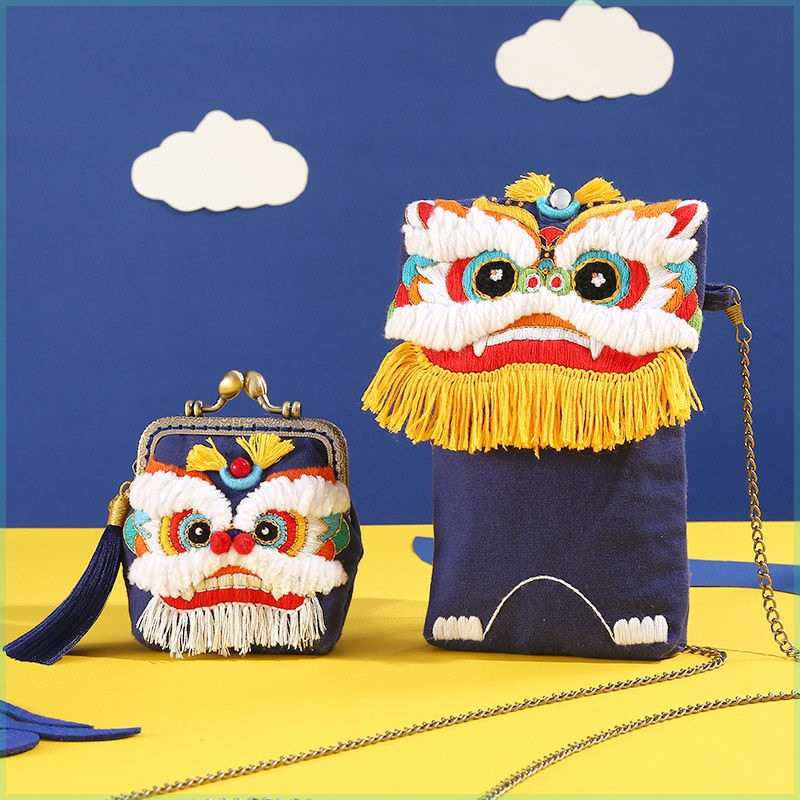 醒狮刺绣diy手工自己绣初学者材料包 口金包古风苏绣绣品绣花丝带