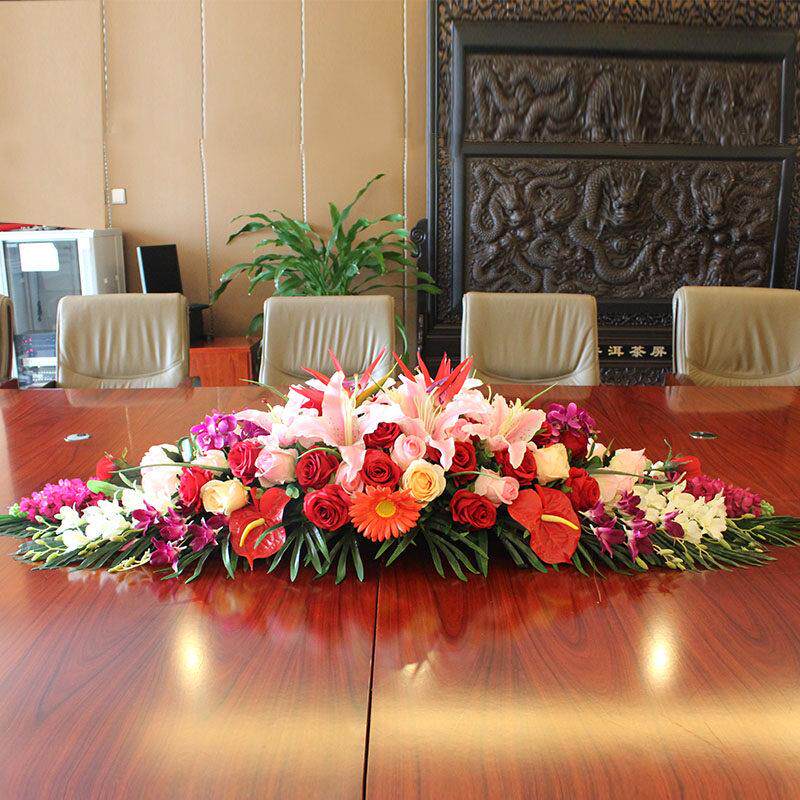 彷真会议室桌花假花商务用花长桌办公室摆花台式餐桌插花套装饰花